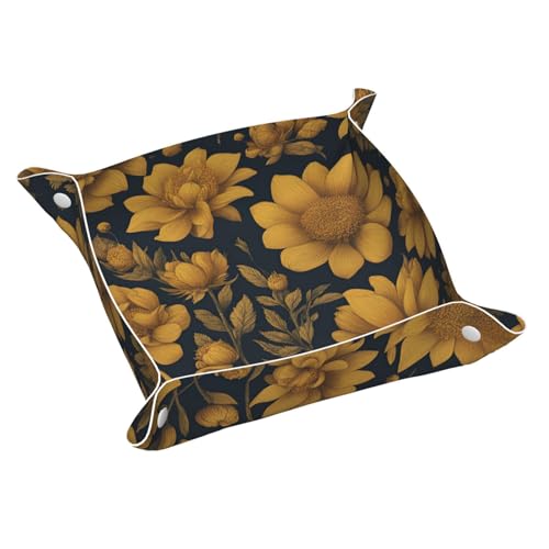 Viele goldene Blumen 1 Druck Leder Schmuck Valet Tablett für Männer Frauen Tragbares Reise-Fangtablett Desktop-Aufbewahrung von DUWAA