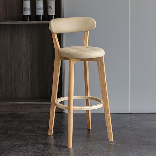 DUWENCHU 2er-Set Barhocker in Thekenhöhe aus beigefarbenem Kunstleder mit gepolsterter Sitzfläche und Fußstütze, Beine aus Massivholz für Kücheninsel und Esszimmer von DUWENCHU