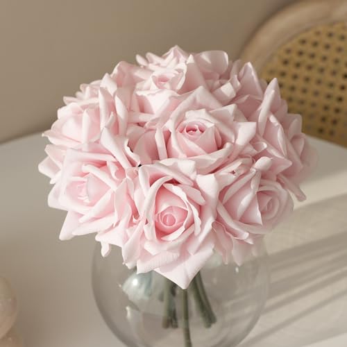 DUYONE Künstliche Rosen, einzelner Stiel, 10 Stück, künstliche Seidenblumen, Blumenstrauß, fühlt sich echt an, für Zuhause, Party, Hochzeitsdekoration (Hellrosa) von DUYONE