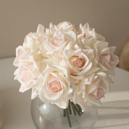 DUYONE Künstliche Rosen mit einem Stiel, 10 Stück, künstliche Seide, Blumenarrangement, echter Hauch, für Zuhause, Party, Hochzeit, Dekoration (rosa Rand) von DUYONE