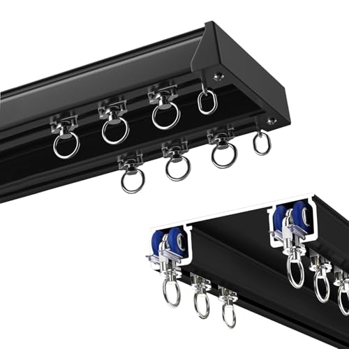 Silent Double Track Curtain Rod Doppelte Vorhangschiene Gardinenschiene, 100-600cm Anpassbar, Schiene System Gardinen Schienensystem Für Balkon, Privatsphäre Fenster Dusch Wohnzimmer(Black,4m) von DUYULIANG