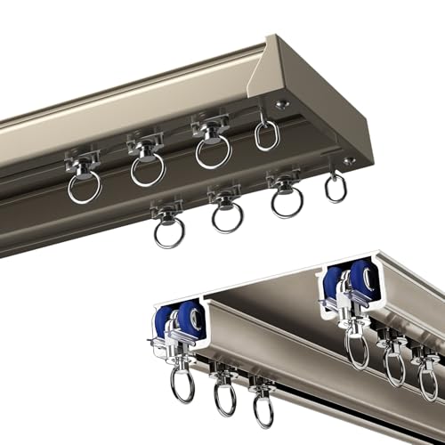 Silent Double Track Curtain Rod Doppelte Vorhangschiene Gardinenschiene, 100-600cm Anpassbar, Schiene System Gardinen Schienensystem Für Balkon, Privatsphäre Fenster Dusch Wohnzimmer(Metallic,5m) von DUYULIANG