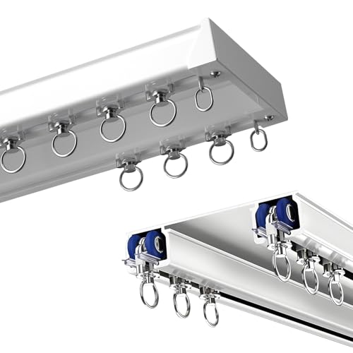 Silent Double Track Curtain Rod Doppelte Vorhangschiene Gardinenschiene, 100-600cm Anpassbar, Schiene System Gardinen Schienensystem Für Balkon, Privatsphäre Fenster Dusch Wohnzimmer(White,1m) von DUYULIANG