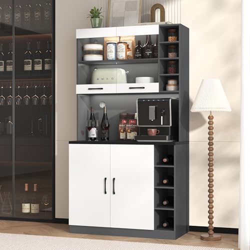 100x47x187cm, Küchenschrank, Buffet mit LED-Ambiente-Beleuchtung und Kabellöchern, Küchen-Highboard aus Holz, großer Platz für Mikrowelle, freistehend, höhenverstellbare seitliche Ablagefächer von DUlVBPE