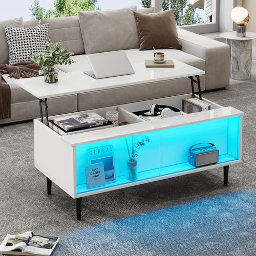 105x50x43cm couchtisch Höhenverstellbarer Kaffeetisch mit Verstecktem Stauraum, wohnzimmertisch Mit LED-Licht,Sofatisch mit Stauraum und Ausstellungsfläche aus gehärtetem Glas, Weiß Mit 4 Beinen von DUlVBPE