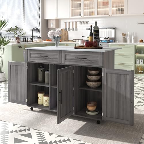 129*46(71)*91,5cm Esstischwagen /Anrichte mit Klapptischplatte, Inneneinlegeböden in den Schranktüren, Kücheninsel auf 5 Rädern mit Stauschränken und 2 Schubladen,für das Esszimmer,weiß + khaki grau von DUlVBPE