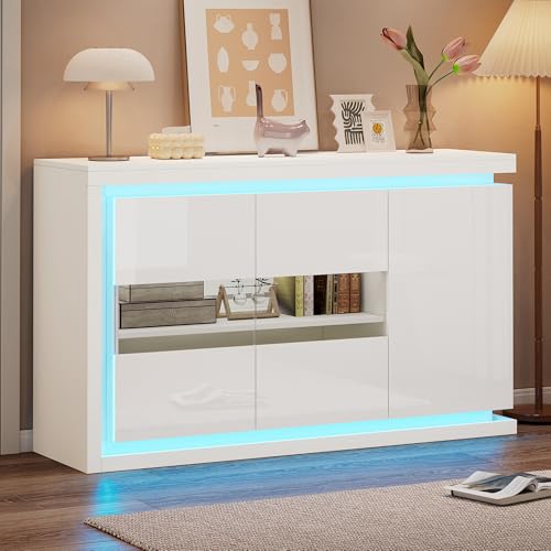 140*40*84cm Wohnzimmerschrank,Moderne Kommode mit 4 Fächern, Breite 140 cm,Beistellschrank mit LED-Lichtleiste,Hochglanz-Sideboard mit Türen aus gehärtetem Glas,Geeignet für Flure, Wohnzimmer, Büros von DUlVBPE