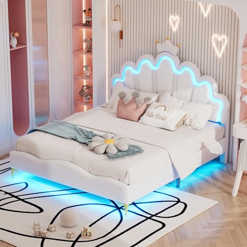 140 * 200cm Flaches Doppelbett, kronenförmiges Prinzessinnenbett, weiche Polsterung aus PU-Leder, Verstellbarer LED-Umgebungslichtstreifen, weiß von DUlVBPE