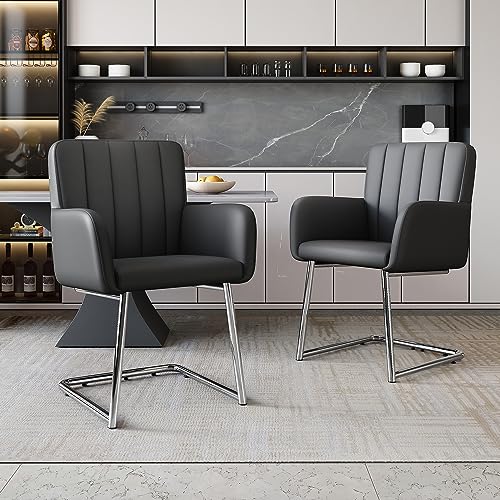 2er Set Esszimmerstühle mit vertikalen Streifen,Gepolsterter Sessel mit zickzackförmige Metallbeine,Lounge-Stuhl,Wohnzimmerstuhl,für Shlafzimmer,Arbeitzimmer und Schreibtisch,Kunstleder,Schwarz von DUlVBPE