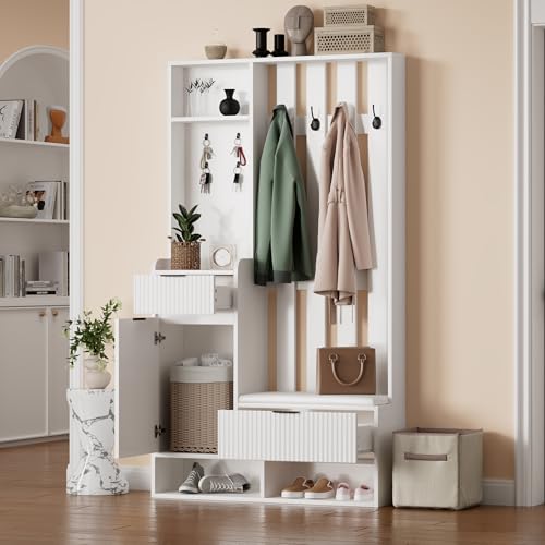 DUlVBPE 100 * 30 * 180cm Garderobenständer 6-in-1, mit 8 Haken, Schuhbank und Ablagen, Kippschutz,Kompaktgarderoben Mit Schubladen und Schränken,100cm breit,Schuhschrank, weiß DUlVBPE 100 * 30 * 180cm Garderobenständer 6-in-1, mit 8 Haken, Schuhbank und Ablagen, Kippschutz,Kompaktgarderoben Mit Schubladen und Schränken,100cm breit,Schuhschrank, weiß von DUlVBPE