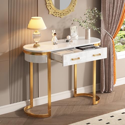 DUlVBPE 100 x 40 x 76 cm, Moderner und Schlichter weißer Hochglanz-Sofa-Beistelltisch, Wohnzimmer-Konsolentisch, Schreibtisch mit 2 Schubladen, geeignet für Wohnzimmer, Schlafzimmer, Büro, Flur von DUlVBPE