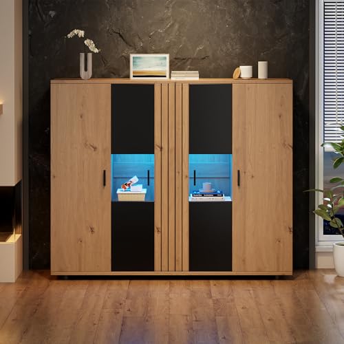 DUlVBPE 140 * 35 * 113cm Wohnzimmerseitenschrank,Wohnraum-Beistellschrank mit Trennwand-Design und verstellbaren Trennwänden, Sideboard in Schwarz + Holzfarbe und 4 Türen von DUlVBPE