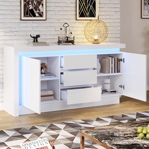 DUlVBPE 140 * 35 * 72cm Sideboard,Kommode für das Schlafzimmer,Wohnzimmer,Beistelltisch mit 3 Schubladen,Schrank mit verstellbaren Einlegeböden und 2 Türen,Hochglanz Sofa Beistellschrank mit LED,Weiß von DUlVBPE