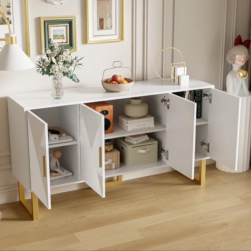 DUlVBPE 150cm moderner, luxuriöser weißer Sideboard mit hochglänzenden strukturierten Türen und goldenen Griffen, 4-Türen-Design, höhenverstellbare Regale von DUlVBPE