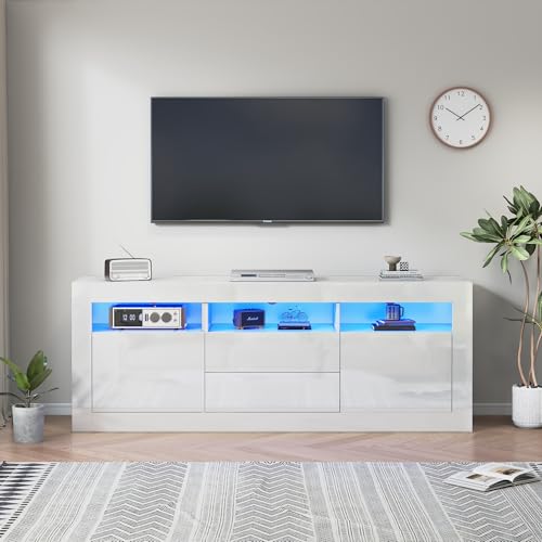 DUlVBPE 160 * 35 * 60cm Hochglanz-TV-Schrank mit LED-Beleuchtung, 3 offenen Fächern, 2 Türen, 2 Schubladen, Smart App Steuerung, für 70-Zoll-Fernseher,Hochglanz-TV-Ständer von DUlVBPE