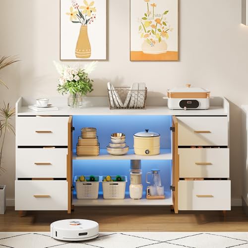 DUlVBPE 160×44×87cm,weiß,moderner Küchenschrank/Sideboard/6 Schubladen/Glastüren/Fernbedienbare LED-Beleuchtung/Stimmungsbeleuchtung und goldene Metallgriffe,geeignet für Küche,Wohnzimmer,chlafzimmer DUlVBPE 160×44×87cm,weiß,moderner Küchenschrank/Sideboard/6 Schubladen/Glastüren/Fernbedienbare LED-Beleuchtung/Stimmungsbeleuchtung und goldene Metallgriffe,geeignet für Küche,Wohnzimmer,chlafzimmer von DUlVBPE