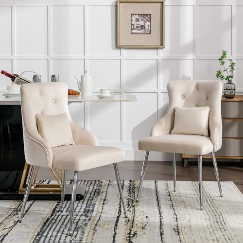 DUlVBPE 2er Set Esszimmerstuhl mit Knopfmuster, Gepolsterter Sessel, Stühle mit Metallbeinen, Moderner Loungesessel, Schlafzimmer-Wohnzimmerstuhl mit Lendenkissen, Beige von DUlVBPE