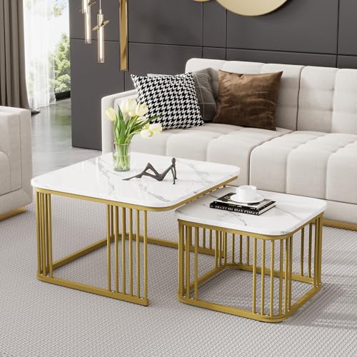 DUlVBPE 2er Set quadratische Hochglanz-Marmoroptik-Couchtische, ineinander schiebbare Tische mit goldenen Beinen, 70x70x45cm und 50x50x36,5cm, vielseitig einsetzbar von DUlVBPE