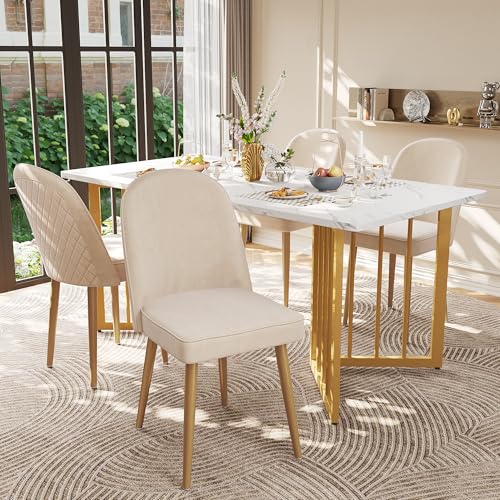 DUlVBPE 4 Esszimmerstühle, Moderne beige Samt-Esszimmerstühle, goldene Metallbeine, modisch und bequem, geeignet für Esszimmer, Wohnzimmer und Arbeitszimmer von DUlVBPE