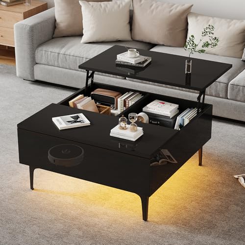 DUlVBPE 70 * 70 * 35cm Couchtisch, höhenverstellbarer Kaffeetisch mit verstecktem Stauraum und Ablagen, Schwarz Hochglanz-Wohnzimmertisch, Schreibtisch mit LED, Sofatisch mit Schubladen von DUlVBPE