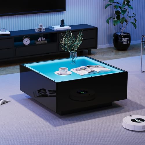 DUlVBPE 70 * 70 * 36cm Couchtisch mit Glastischplatte, geometrischer Kaffeetish mit LED-Leuchten, hochglänzende Wohnzimmertisch, Sofatisch,Beistelltisch,geeignet für kleine Räum,Schwarz von DUlVBPE