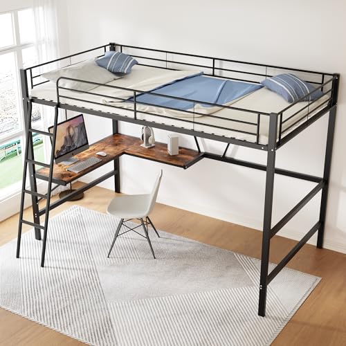 DUlVBPE 90x200cm Bettgestell Metallbett, Eisenbett, Hochbett mit L-förmigem Schreibtisch und einem Regal für Kinder, Jugendliche und Erwachsene, schwarz von DUlVBPE