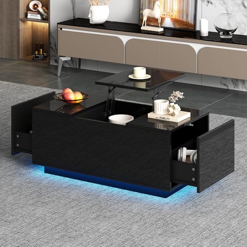 DUlVBPE 95 * 48 * 40cm Couchtisch mit Hebeplatte, höhenverstellbar ausziehbar, Lift-Top-Tisch. Wohnzimmertisch mit 2 Schubladen, Sofatisch mit LED,Multifunktionaler Lift-up-Kaffeetisch, Schwarz von DUlVBPE