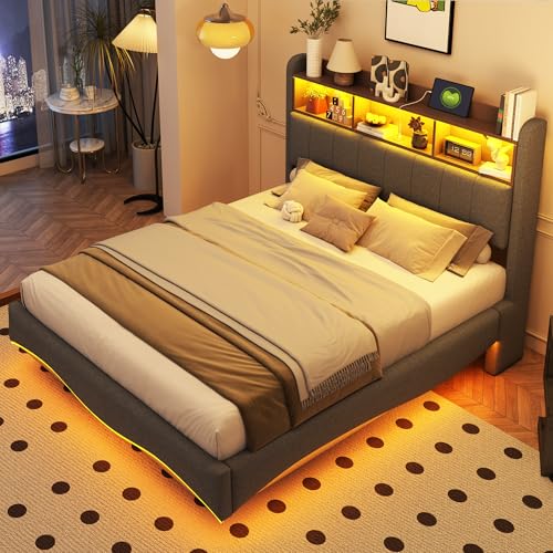 DUlVBPE Abgehängtes Design Polsterbett 140 * 200 aus Leinenstoff, multifunktionales Stauraumbett mit LED-Licht, USB- und Type-C-Schnittstelle Grau von DUlVBPE
