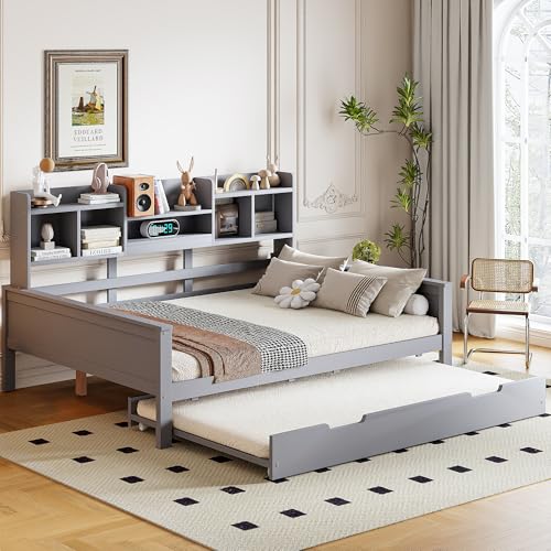 DUlVBPE Ausziehbares Schlafsofa 140 * 200CM Massivholz, Ausziehbett 90 * 190CM, mit Staufach und Lattenrost, Kiefer Multifunktionsbett, Grau von DUlVBPE