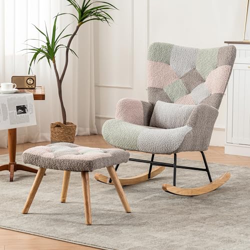 DUlVBPE Bequemer bunter Schaukelstuhl, 93 cm hoch, Sitzbreite 43 cm – inklusive 1 Fußstütze (49 * 38 * 37 cm) und 1 Lendenkissen, stabiles Gestell aus Gummibaumholz, mehrfarbiges Design, Loungesessel von DUlVBPE