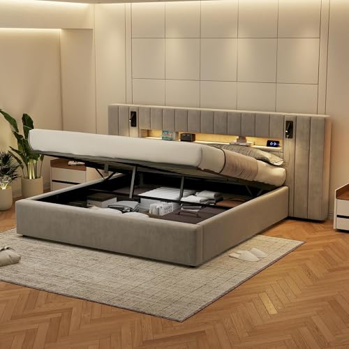 DUlVBPE Bettgestell 180 x 200 cm mit USB-Anschluss, Polsterbett,Doppelbett,Stauraumbett,Funktionbett,mit LED-Beleuchtung,mit Nachttischlampe, mit Stauraum, ohne Matratze, Samt, grau von DUlVBPE