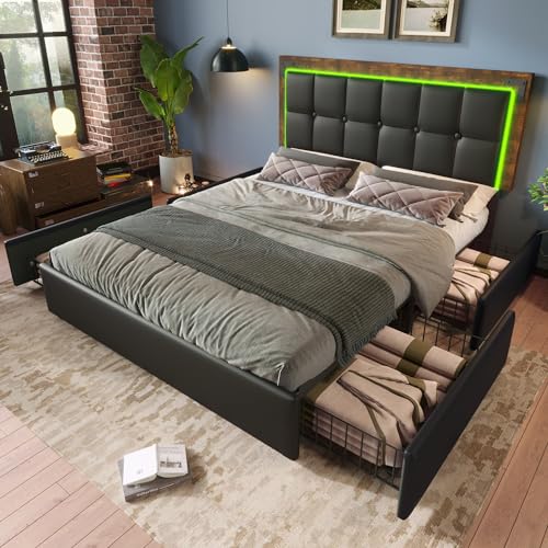 DUlVBPE Bettgestell mit LED-Beleuchtungsleiste und 4 Schubladen, Doppelbett Polsterbett 140x200cm, Höhenverstellbarem Kopfteil, Funktionsbett, PU Schwarz (Ohne Matratze) von DUlVBPE