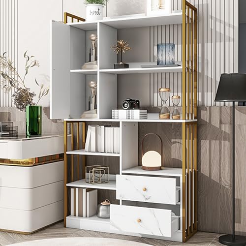 DUlVBPE Bücherregal, 6 Regale, vertikale Regale mit Türen und Schubladen, Industrieregale, Stahlregale, weiß marmoriert mit Goldrahmen DUlVBPE Bücherregal, 6 Regale, vertikale Regale mit Türen und Schubladen, Industrieregale, Stahlregale, weiß marmoriert mit Goldrahmen von DUlVBPE