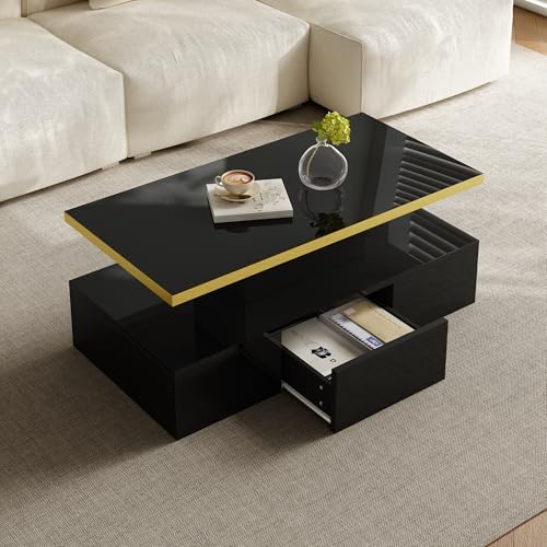 DUlVBPE Couchtisch, Tisch mit Schubladen, Hochglanzlackierung, Beistelltisch mit Zwei Ablageebenen. Mit LED-Licht DUlVBPE Couchtisch, Tisch mit Schubladen, Hochglanzlackierung, Beistelltisch mit Zwei Ablageebenen. Mit LED-Licht von DUlVBPE