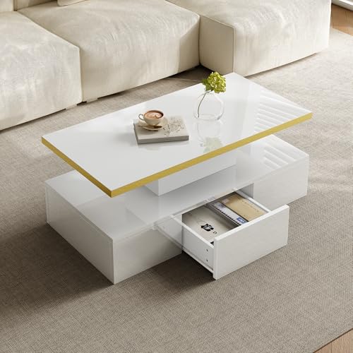 DUlVBPE Couchtisch, Tisch mit Schubladen, Hochglanzlackierung, Beistelltisch mit Zwei Ablageebenen. Mit LED-Licht DUlVBPE Couchtisch, Tisch mit Schubladen, Hochglanzlackierung, Beistelltisch mit Zwei Ablageebenen. Mit LED-Licht von DUlVBPE