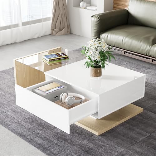 DUlVBPE Couchtisch in Hochglanzweiß und Holzfarbkombination. Beistelltische, Couchtische mit Glas und LED-Effekt von DUlVBPE