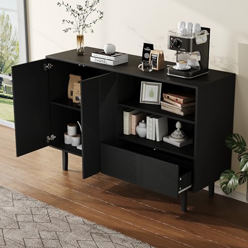 DUlVBPE Dekorativer Schrank mit mattschwarzen Streifen, Aufbewahrungsschrank mit geometrischem Muster, 2 zu öffnenden Türen und 1 Schublade, offener Stauraum für Eingangsbereich, Wohnzimmer von DUlVBPE