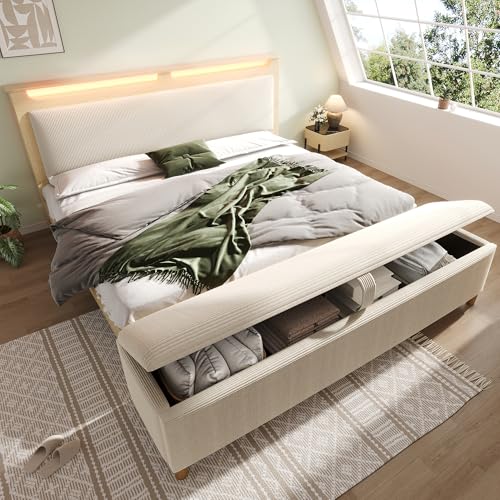 DUlVBPE Doppelbett Holzbett 180×200cm mit Bettbank, Kopfteil mit Stauraum, LED-Beleuchtung und Beigefarbener Cordpolster-Rückenlehne, Inklusive Bettbank mit Stauraum, Heller Eiche(Ohne Matratze) von DUlVBPE