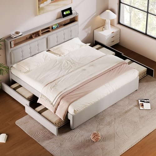 DUlVBPE Doppelbett mit 4 Schubladen& USB C Steckdose, Polsterbett 160x200cm, Höhenverstellbarem Kopfteil, Lattenrost aus Holz(Ohne Matratze) von DUlVBPE