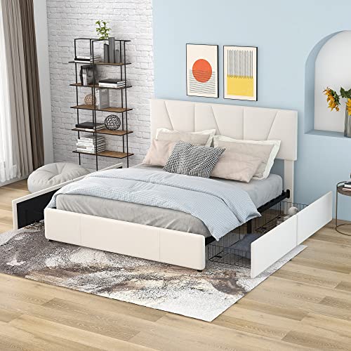 DUlVBPE Double Size Polster Plattform Bett mit Vier Schubladen auf Zwei Seiten,Verstellbares Kopfteil,Beige(140 * 200cm) von DUlVBPE