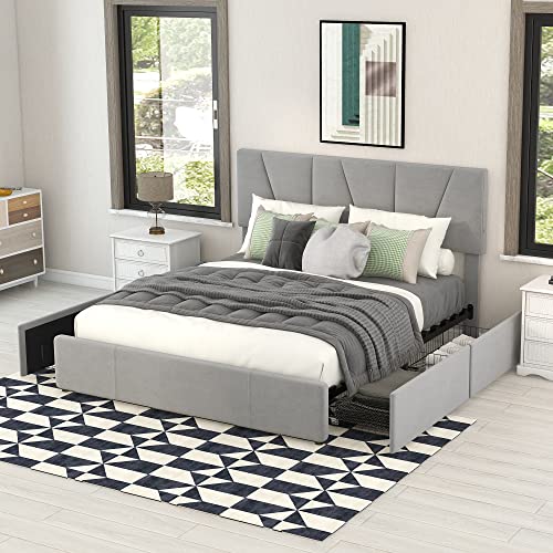 DUlVBPE Double Size Polster Plattform Bett mit Vier Schubladen auf Zwei Seiten,Verstellbares Kopfteil,Grau(140 * 200cm) von DUlVBPE