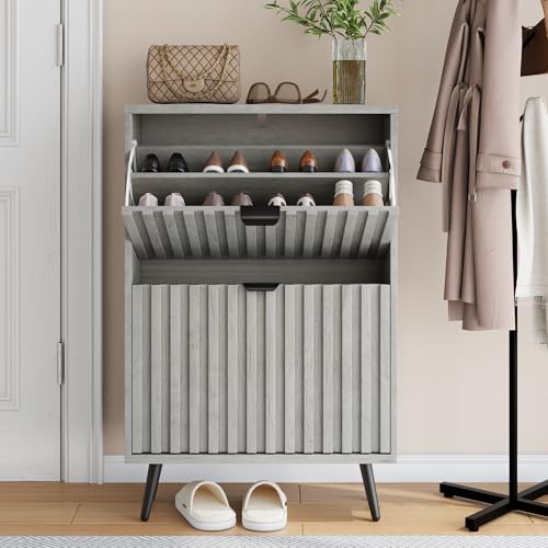 DUlVBPE EIN versteckter Schuhschrank mit einem 60cm grauen Rillendesign und 2-Klapp-Schubladen, verwendet als eigenständiger Schuhschrank für Eingänge, Flure, Wohnzimmer und Schränke DUlVBPE EIN versteckter Schuhschrank mit einem 60cm grauen Rillendesign und 2-Klapp-Schubladen, verwendet als eigenständiger Schuhschrank für Eingänge, Flure, Wohnzimmer und Schränke von DUlVBPE