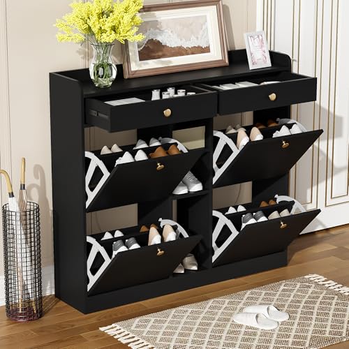 DUlVBPE Edler schwarzer Schuhschrank mit 4 Klapptüren, 2 Schubladen, 3 offenen Fächern - perfekt für Moderne Flure und Eingangsbereiche, Maße 110 x 26 x 100 cm von DUlVBPE