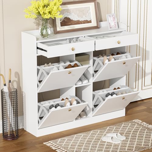 DUlVBPE Edler weißer Schuhschrank mit 4 Klapptüren, 2 Schubladen, 3 offenen Fächern - perfekt für Moderne Flure und Eingangsbereiche, Maße 110 x 26 x 100 cm DUlVBPE Edler weißer Schuhschrank mit 4 Klapptüren, 2 Schubladen, 3 offenen Fächern - perfekt für Moderne Flure und Eingangsbereiche, Maße 110 x 26 x 100 cm von DUlVBPE