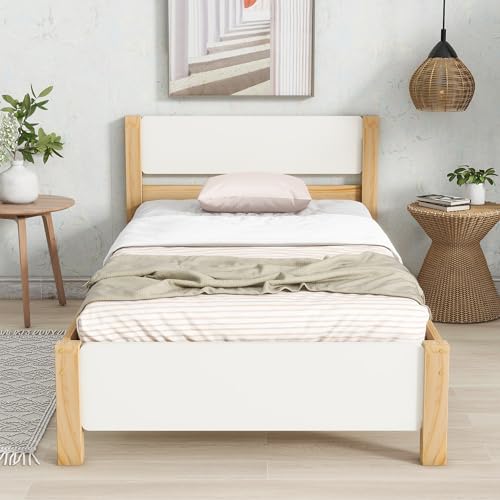 DUlVBPE Einzelbett, Holzbett, Kiefernholzrahmen mit Mittelfuß, Jugendbett, Erwachsenenbett, mit Kopf- und Fußteil aus MDF, Weiß + Natur, 90x200 cm DUlVBPE Einzelbett, Holzbett, Kiefernholzrahmen mit Mittelfuß, Jugendbett, Erwachsenenbett, mit Kopf- und Fußteil aus MDF, Weiß + Natur, 90x200 cm von DUlVBPE