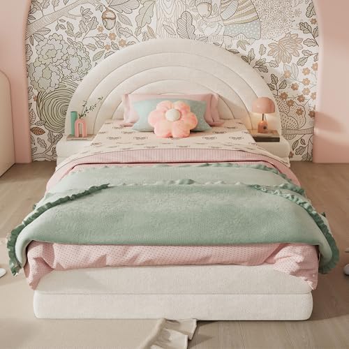 DUlVBPE Einzelbett Polsterbett, Bettkopf in Regenbogenform, mit beidseitigen Tischen, einfach, stilvoll und bequem, Modernes Bettgestell, Vliesimitat, Beige, 90x200cm DUlVBPE Einzelbett Polsterbett, Bettkopf in Regenbogenform, mit beidseitigen Tischen, einfach, stilvoll und bequem, Modernes Bettgestell, Vliesimitat, Beige, 90x200cm von DUlVBPE