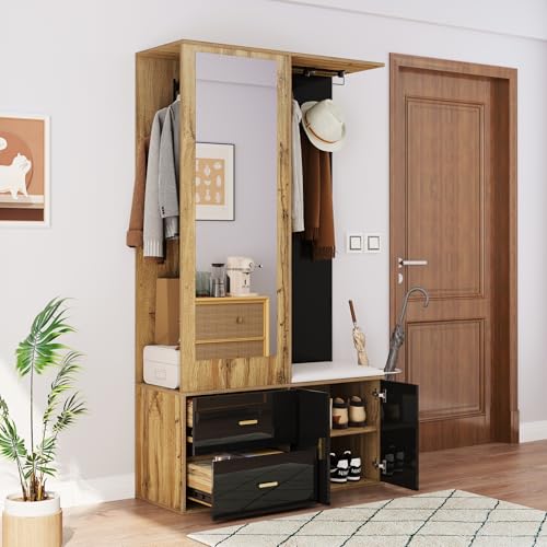 DUlVBPE Elegantes Kleiderschrankset in Schwarz und Holzfarbe mit Spiegel, Schuhschrank, Schuhbank mit Haken und ausziehbaren Kleiderbügeln. DUlVBPE Elegantes Kleiderschrankset in Schwarz und Holzfarbe mit Spiegel, Schuhschrank, Schuhbank mit Haken und ausziehbaren Kleiderbügeln. von DUlVBPE