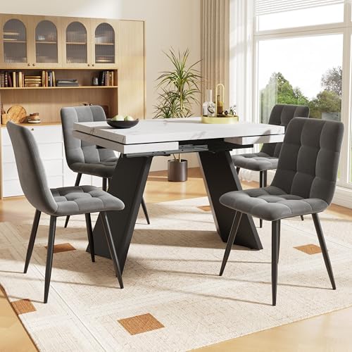 DUlVBPE Essgruppe (5-TLG),Esstisch-Set, Ausziehbares Esstischset für 4 Personen,160×80×75cm Esstisch mit 4 Esszimmerstühlen,Grauer Samt-Esszimmerstuhl,Weißer Esstisch mit Flache Tischbeine von DUlVBPE