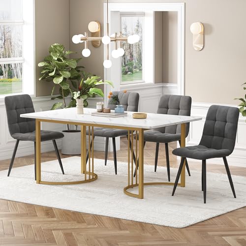 DUlVBPE Essgruppe (5-TLG),Esstisch mit 4 Stühlen Set, Moderner Küchentisch Set, 140×80cm Küchentisch mit Golden Metallbeinen, MDF Tischplatte in Weißer,Dunkelgrau Samt Esszimmerstühle von DUlVBPE