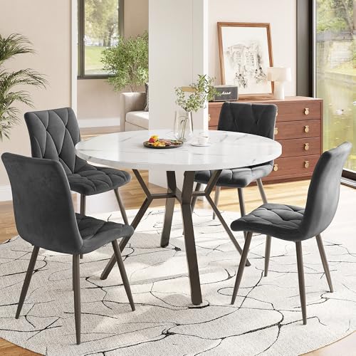 DUlVBPE Esstisch- und Stuhlset (5-teilig), modernes, Schlichtes rundes Esstisch- und Stuhlset aus Marmor, Tischbeine aus schwarzem Metall + 4 ergonomische Stühle aus grauem Wildleder von DUlVBPE
